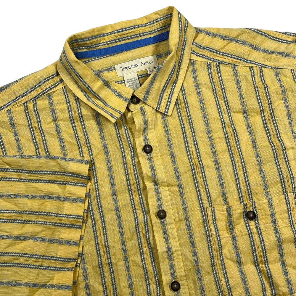 Territory Ahead Linen Blend Button Up Shirt Mens XLT Yellow Blue Stripe Tall